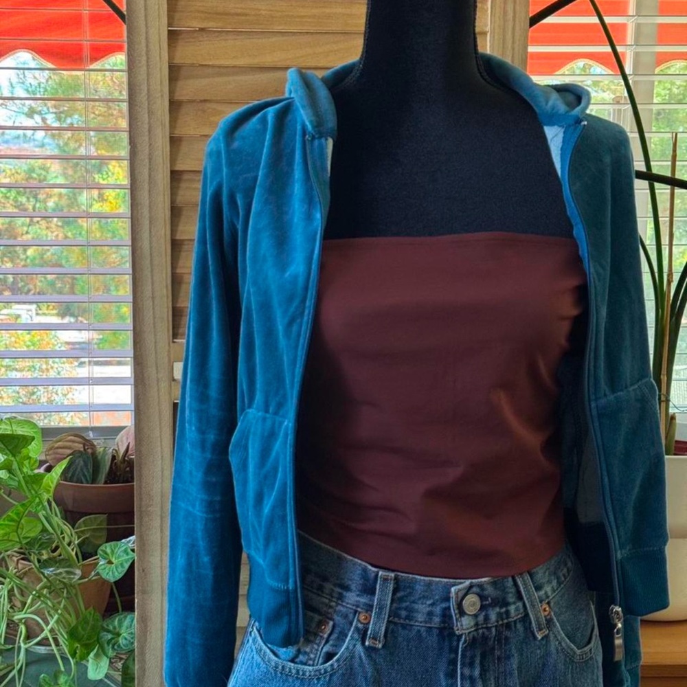 Blue velour zip hoodie vintage Y2K tracksuit style.